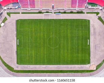 Aerial Top View Of Empty Football Pitch. View From Above Of Urban Stadium