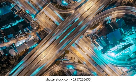 Aerial Top View Expressway Road Multi Lenses At Night, Bangkok, Thailand.