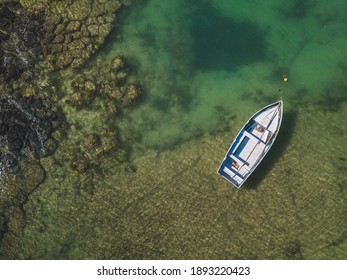 Aerial Top View Fishing Boat Turquoise Blue Water Sea.