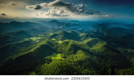 Aerial top view forest tree, Rainforest ecosystem and healthy environment concept background, Texture of green tree forest view from above, Beautiful sunrise over the mountains of western Thailand.