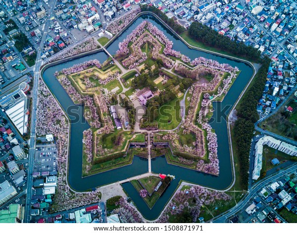 花が咲く砦五稜郭の空中平面図星型の敵から都市を守るために建設 北海道函館を訪れるのは有名な場所です の写真素材 今すぐ編集
