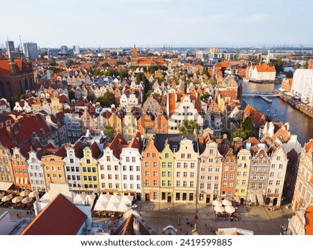 Aerial top view Historical Old City of Gdansk Poland. Sunset in the town. View of the old town, Gdansk, Poland.