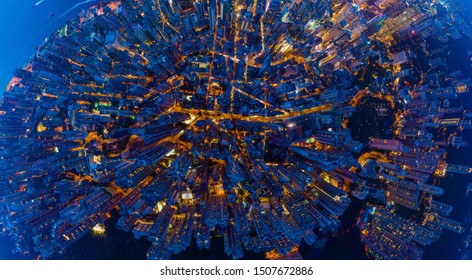 Aerial Top View Of Hong Kong Downtown, Republic Of China. Financial District And Business Centers In Technology Smart City In Asia. Top View Of Skyscraper And High-rise Modern Buildings At Night.