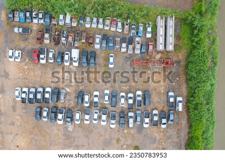 Aerial top view of industry factory of broken old cars crash from accidents. Transportation used vehicles.