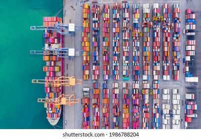 Aerial Top View Of International Containers Cargo Ship In Ocean, Freight Transportation,Shipping,Nautical Vessel. Logistics Import Export Container Cargo Ship Over Sea. OverseaTransport Business.