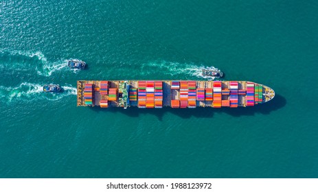 Aerial Top View Of International Containers Cargo Ship In Ocean, Freight Transportation,Shipping,Nautical Vessel. Logistics Import Export Container Cargo Ship Over Sea. OverseaTransport Business.