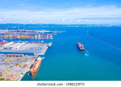Aerial top view of International Containers Cargo ship in ocean, Freight Transportation,Shipping,Nautical Vessel. Logistics import export Container Cargo ship over sea. OverseaTransport business.