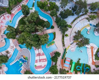 Aerial Top View Of A Large And Empty Water Park With Various Water Slides And Pools. Albena, Bulgaria