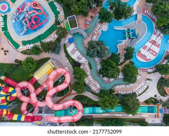 Aerial Top View Of A Large And Empty Water Park With Various Water Slides And Pools. Albena, Bulgaria