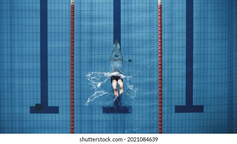 Aerial Top View Male Swimmer Jumping, Diving into Swimming Pool. Professional Athlete Winning World Championship. Top Down View. - Powered by Shutterstock