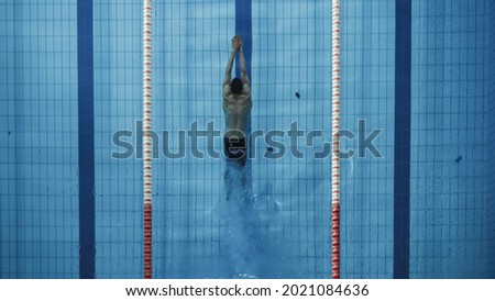Aerial Top View Male Swimmer Jumping into Swimming Pool, Diving Underwater. Professional Athlete Winning World Championship. Top Down View.