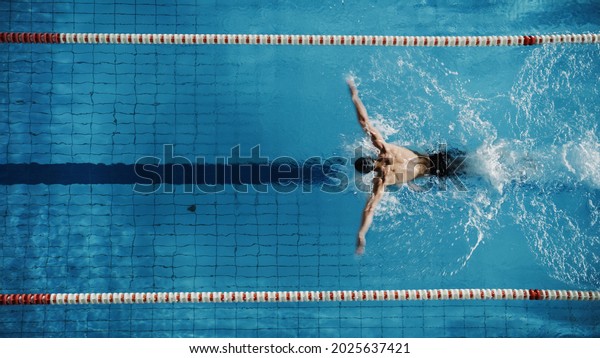 Aerial Top View Male Swimmer\
Swimming in Swimming Pool. Professional Determined Athlete Training\
for the Championship, using Butterfly Technique. Top View\
Shot