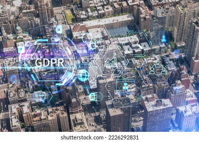 Aerial Top View Of New York City Building Roofs. Bird's Eye View From Helicopter Of Metropolis Cityscape. GDPR Hologram, Concept Of Data Protection Regulation And Privacy For All Individuals