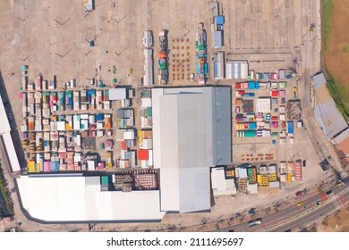 Aerial Top View Of Night Market People Walking Street, Colorful Tents In The Train Of Ratchada At Bangkok City, Thailand. Retail Shops