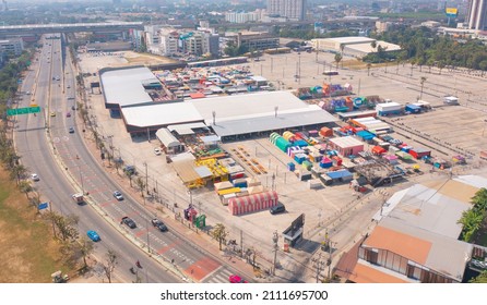 Aerial top view of Night Market people walking street, Colorful tents in the train of Ratchada at Bangkok city, Thailand. Retail shops - Powered by Shutterstock