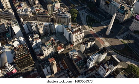 Aerial Top View On Iconic Obelisk And Surroundings In Buenos Aires, Argentina During Golden Hour (sunset Time) With No People Or Traffic Due To Corona Virus Quarantine - 24 March 2020