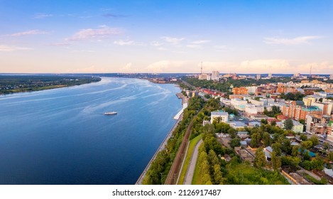 Aerial Top View Panorama City Perm And Central Embankment Of Kama River Russia, Sunset Drone Photo.