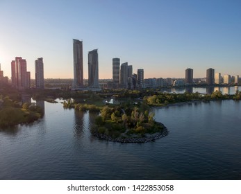 Aerial Top View Panorama Of High Rise Modern Condo Buildings By The Water At Dusk. Shot With Drone. New Real Estate And Housing Development Concept. Toronto, Ontario, Canada.