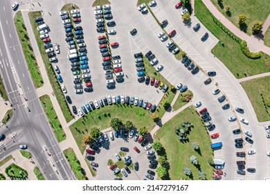 Aerial Top View Of Parking Lot With Many Parked Cars From Above