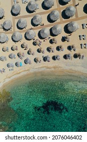 Aerial Top View Photo Of Beach Club Alemagou In Mykonos Island In Greece With Turquoise Sea