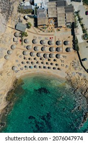 Aerial Top View Photo Of Beach Club Alemagou In Mykonos Island In Greece With Turquoise Sea