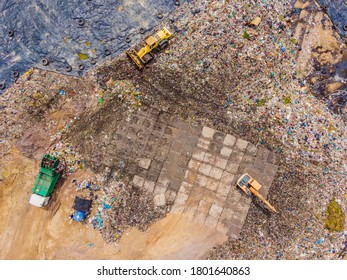 Aerial top view photo from flying drone of large garbage pile. Garbage pile in trash dump or landfill. Environmental pollution