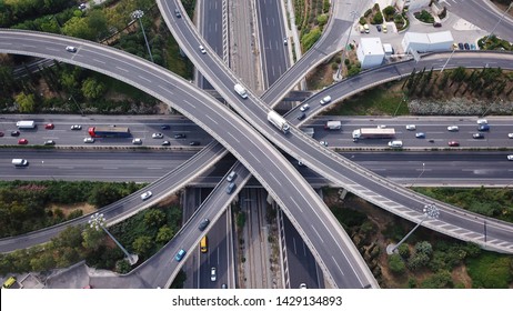 Aerial Top View Photo Of Highway Multilevel Junction Road In Urban Populated Area