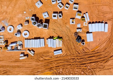 Aerial Top View In Preparation Process Of Construction Site On Concrete Sanitary Sewer Pipes Storm Drain Systems The New House