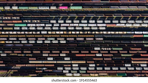 Aerial Top view to railway cylindrical tank shipping containers Rail way art Artistic composition. Striped creative transport industry representation.   railroads and freight trains to transport cargo