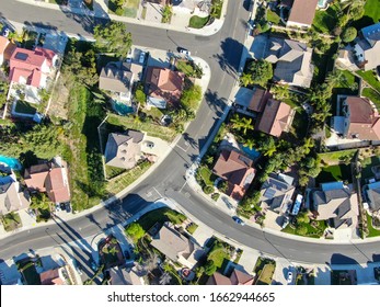 Aerial top view of residential subdivision house in Diamond Bar, Eastern Los Angeles, California, USA