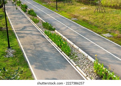 Aerial top view of road and bicycle lane in the natural park. - Shutterstock ID 2227386257