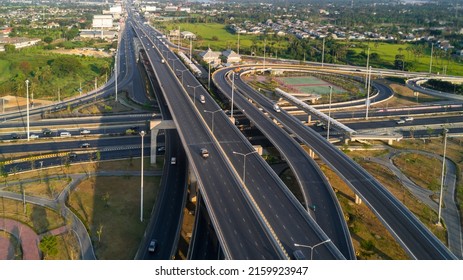 Aerial top view road traffic interchange in city, Aerial view of highway and overpass in city, Expressway top view, Road traffic an important infrastructure, Ecology.