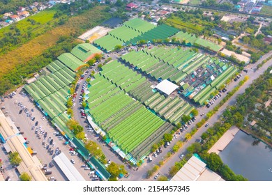 Aerial Top View Of Sanam Luang Street Market , Green Roof Tops, Horse Shoe Shape Drive Thru And Parking Area. Tents With Retail Shops.