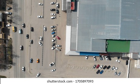 Aerial Top View Of The Shopping Center With Cars And People. Hyper Lapse (hyperlapse - Time Lapse)