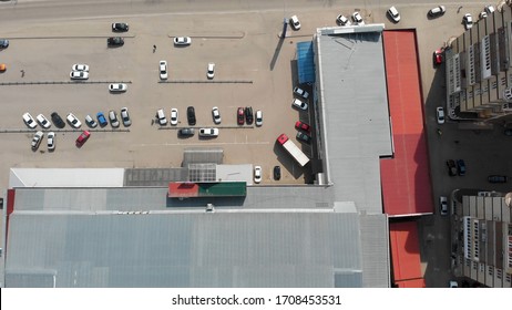 Aerial Top View Of The Shopping Center With Cars And People. Hyper Lapse (hyperlapse - Time Lapse)