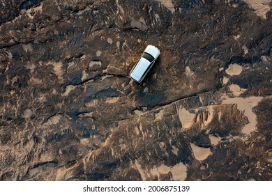 Aerial Top View Small Car Suv Off Road And Grand Canyon Rock Stone Background Abstract 