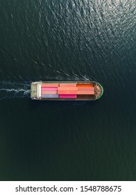 Aerial Top View Small Container Cargo Ship For Business Logistics, Import Export, Shipping Or Transportation.