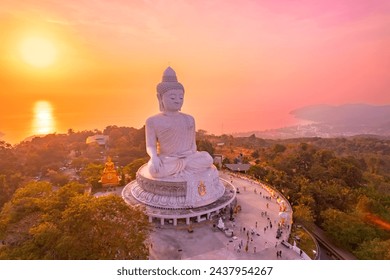 Aerial top view statue big Buddha in Phuket on sunset sky. Concept travel Thailand landmark. - Powered by Shutterstock