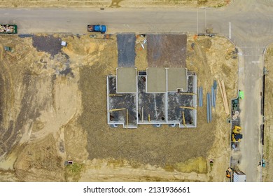 Aerial Top View Townhouse Foundation Of A New Home Construction
