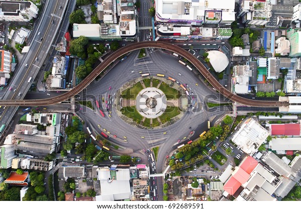 aerial top view traffic circle, Victory Monument ,\
bangkok , thailand .