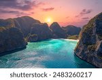 Aerial top view tropical island Phi Phi Leh with Maya Bay and Pileh Lagoon, Krabi province, Thailand.