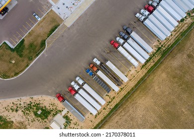 Aerial Top View Truck Stop Parking At The Rest Area On The Highway Trucks Stand In A Row