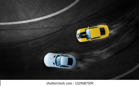 Aerial Top View Two Cars Drifting Battle On Race Track, Two Race Cars View From Above.