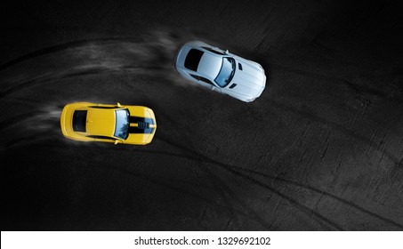 Aerial top view two cars drifting battle on race track, Two race cars view from above.