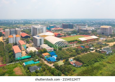 Aerial Top View Of University Or College Campus Buildings. Skyline