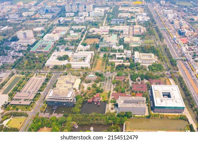 Aerial Top View Of University Or College Campus Buildings. Skyline