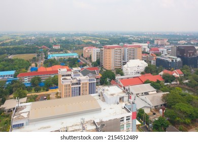 Aerial Top View Of University Or College Campus Buildings. Skyline