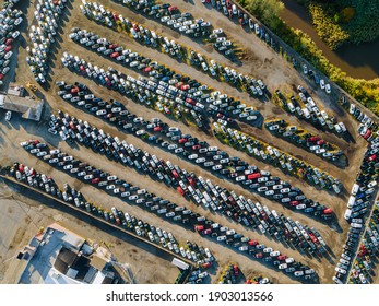Aerial top view of used car auction for sale a parking lot business logistics - Shutterstock ID 1903013566