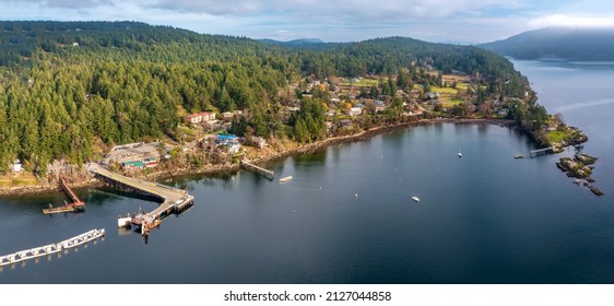 An Aerial Top View Of Vesuvius Ferry Terminal In Salt Spring Island, BC Canada