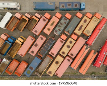 Aerial Top View of White Semi Truck with Cargo Trailer.